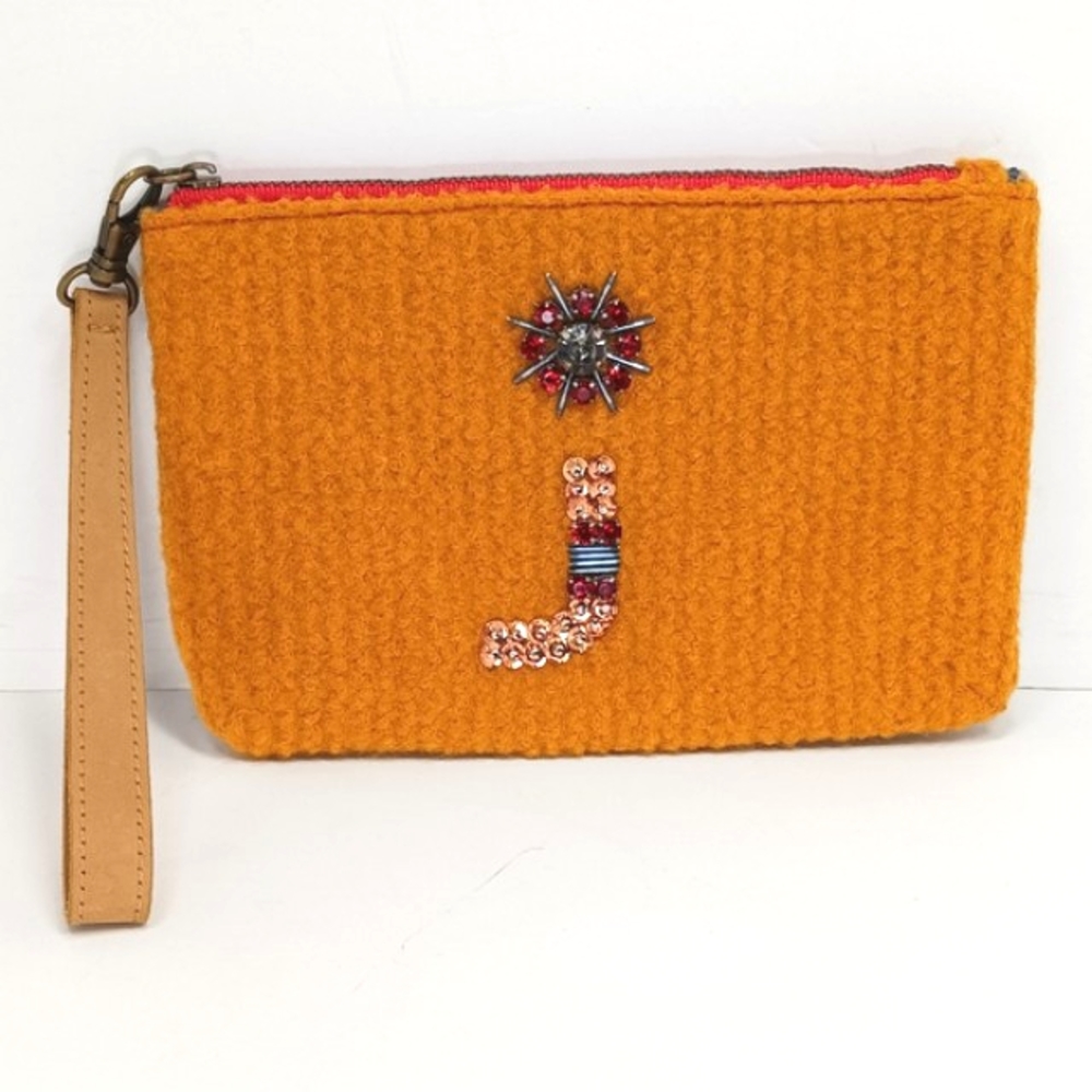 ANTHROPOLOGIE Miss Albright J Monogram Embellished Wristlet Clutch Like New